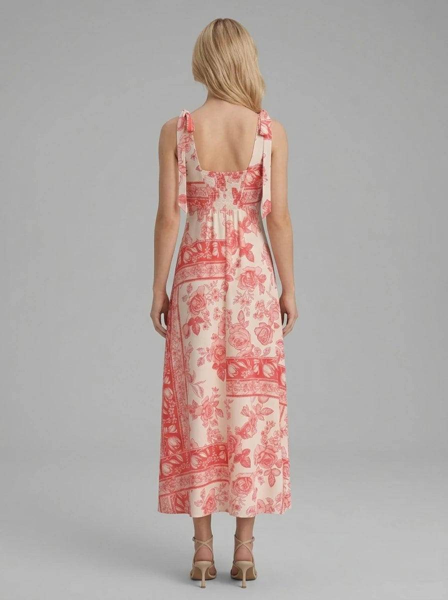 Red Floral Tie Strap Linen Maxi Dress Cream Secondary image