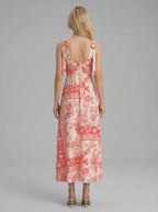 Red Floral Tie Strap Linen Maxi Dress Cream