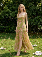 Green Floral Strapless Maxi Dress with Split