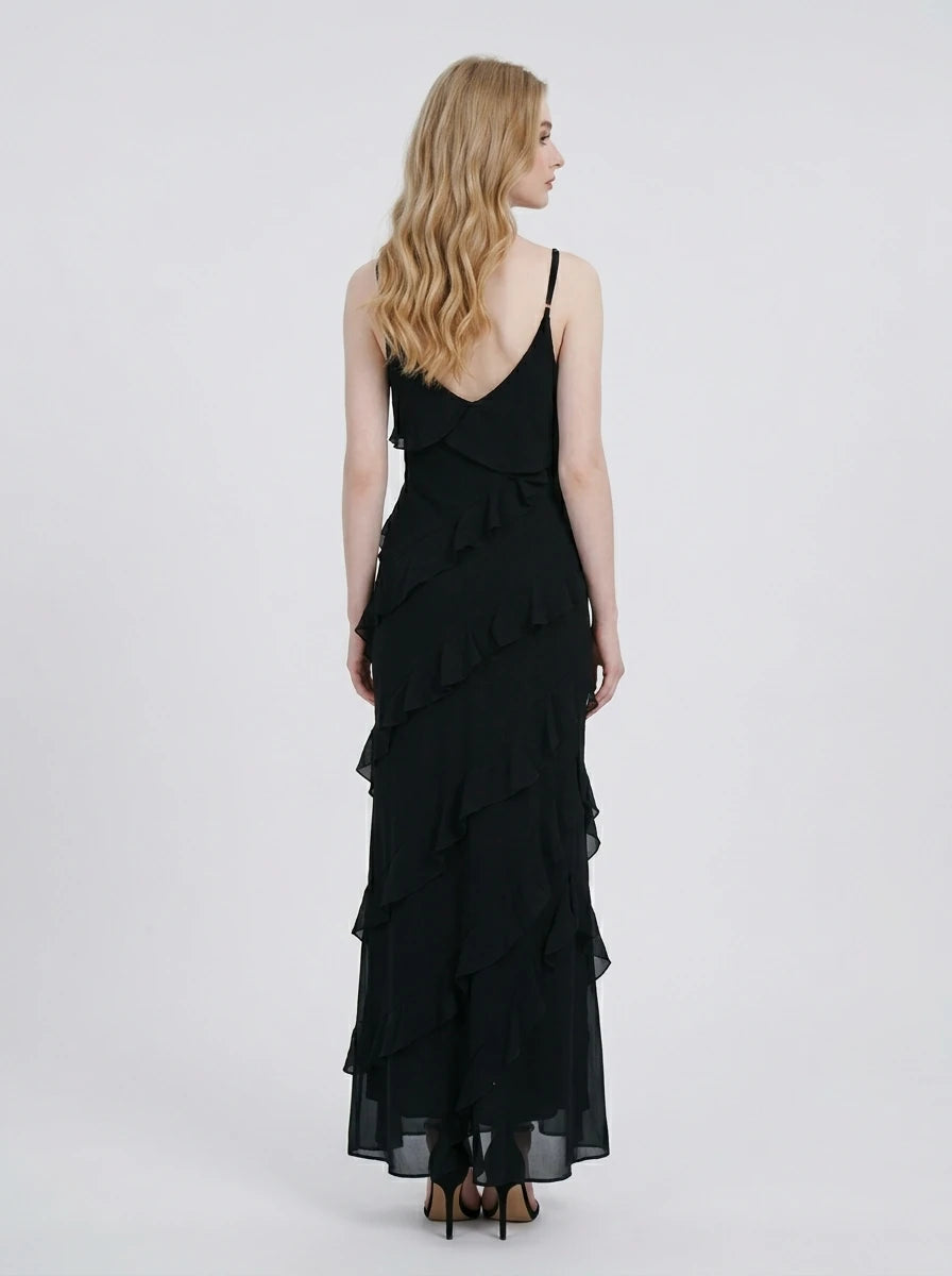 Black Ruffle Maxi Dress with Side Split Secondary image