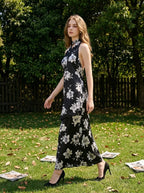 Halter Midi Dress with Drape Scarf in Black Floral