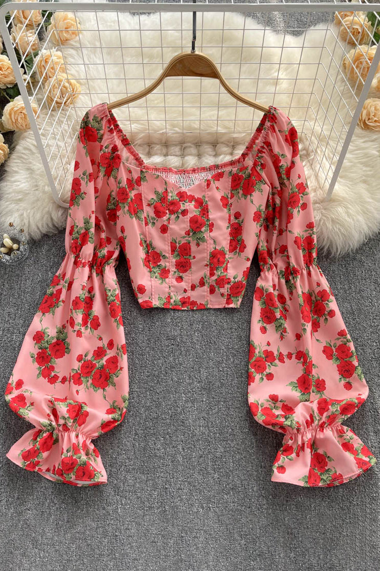 Elastic Waist Ruched Slim Tops Style Print Short Beach Blouses Secondary image