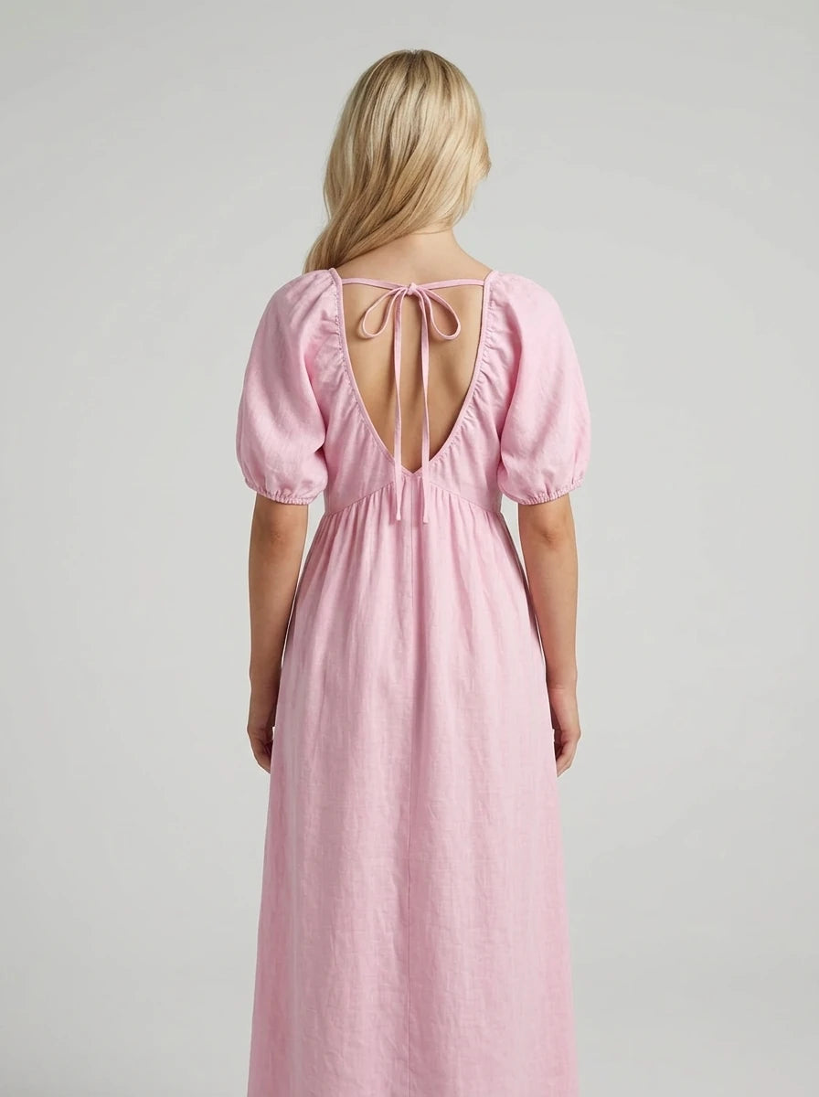 Pink Cotton Puff Sleeve V-Neck Maxi Dress Secondary image