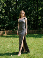 Charcoal Asymmetric Satin Maxi Dress with Split