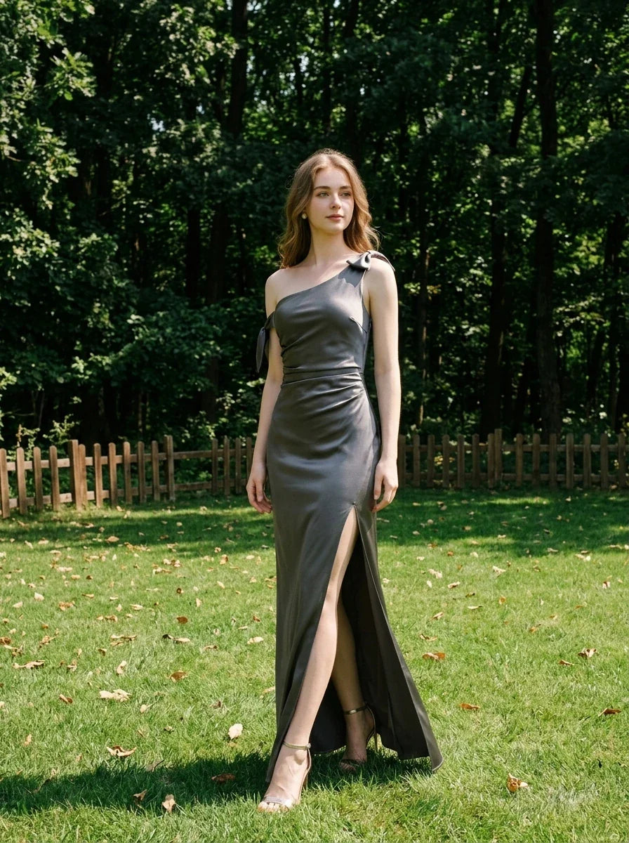 Charcoal Asymmetric Satin Maxi Dress with Split