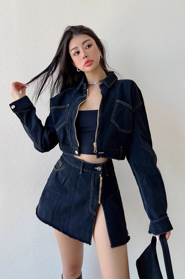 Zipper Denim Set Loose Versatile Short Coat High Waist Split Short Skirt Secondary image