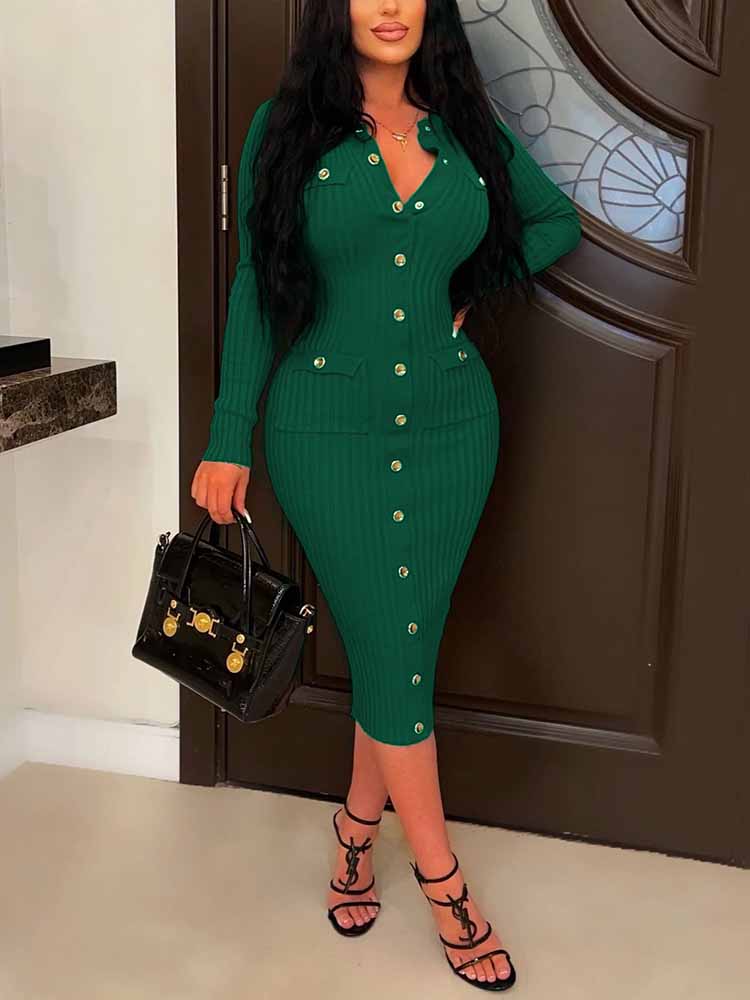 Button Ribbed Midi Pencil Dresses Main image