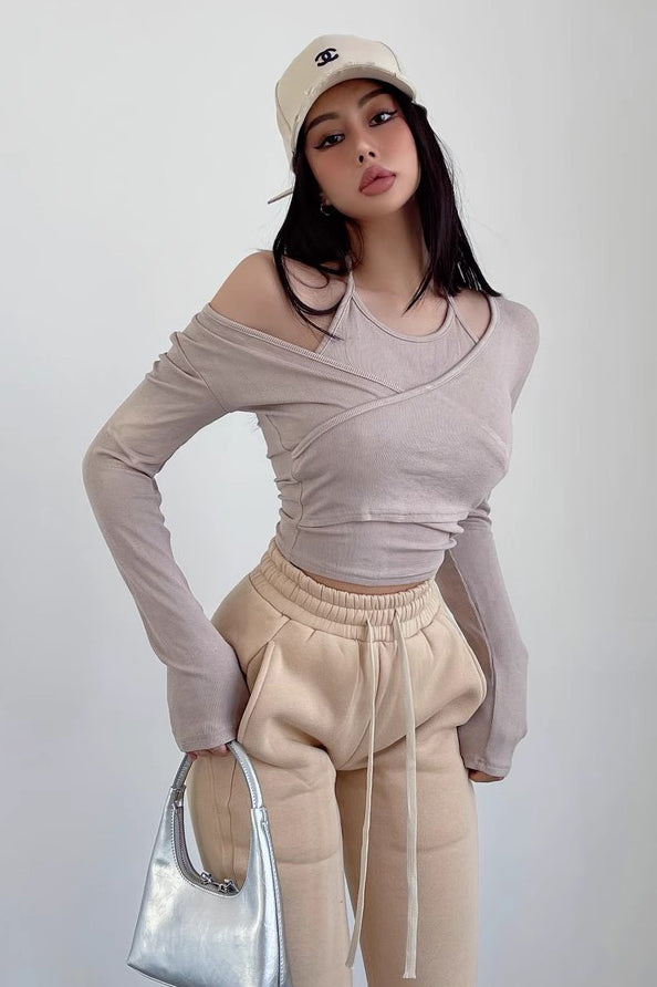 Cross Wrapped Chest Long Sleeve T-Shirt Sexy Hanging Neck Two Piece Top Main image