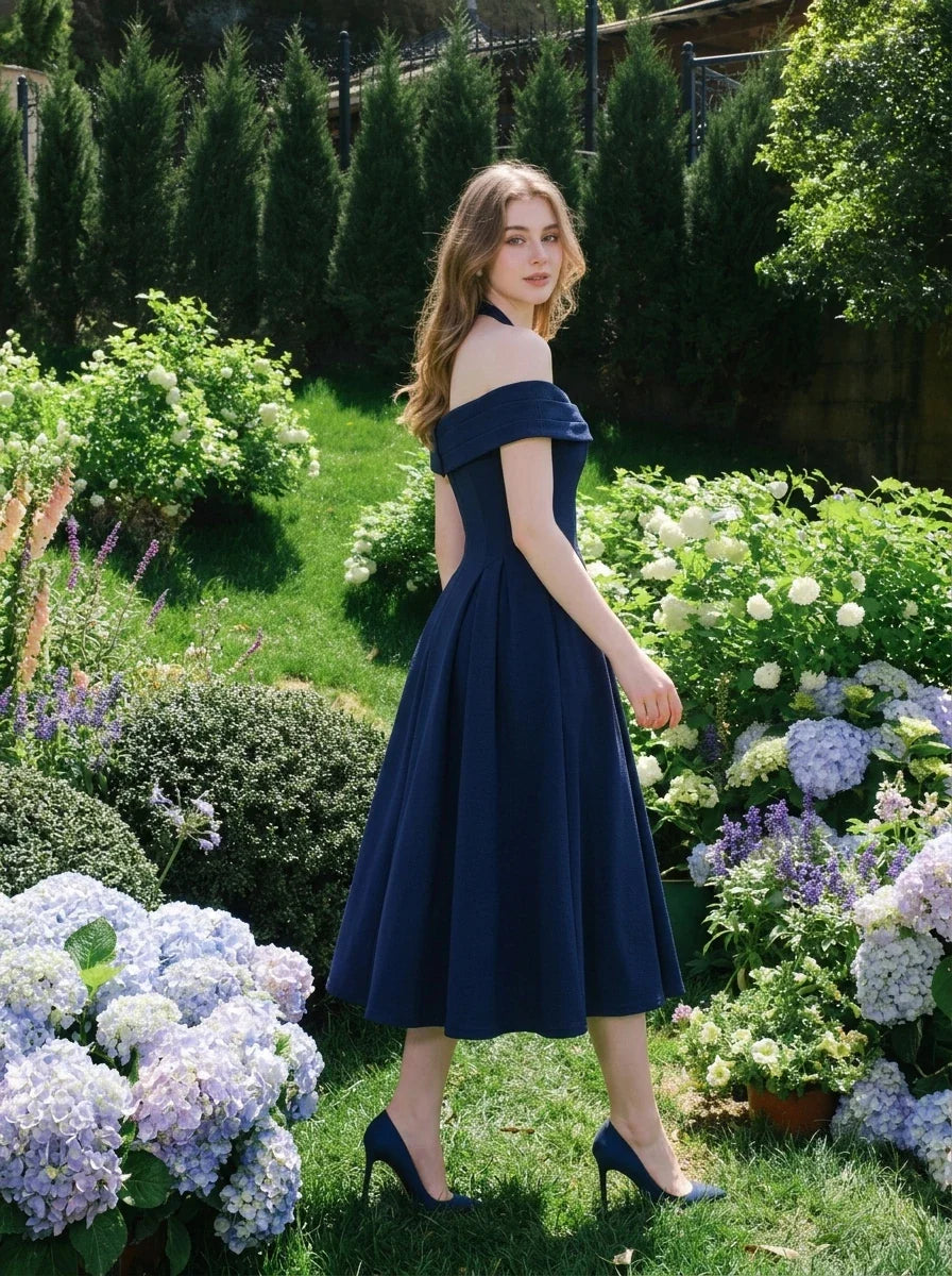 Navy Off-the-Shoulder Pleated Midi Cocktail Dress