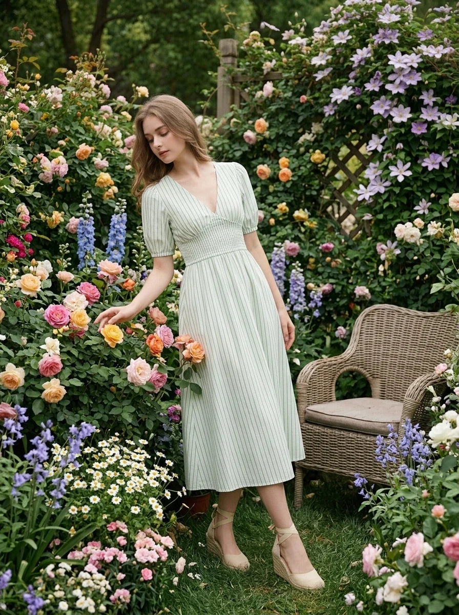 Blue-Green Striped V-Neck Shirred Midi Dress