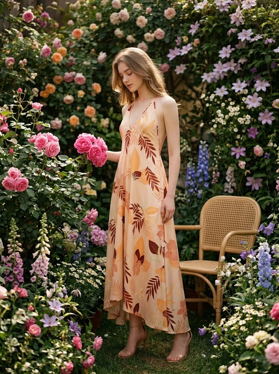 Peach Tropical Leaf Asymmetric V-Neck Midi Dress