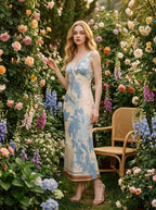 Floral V-Neck Maxi Dress in Cream and Blue