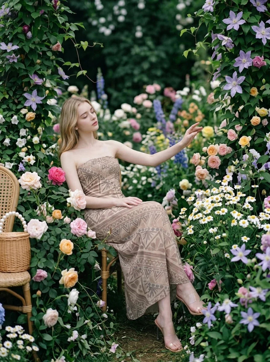 Tan Geometric Print Strapless Mesh Midi Dress