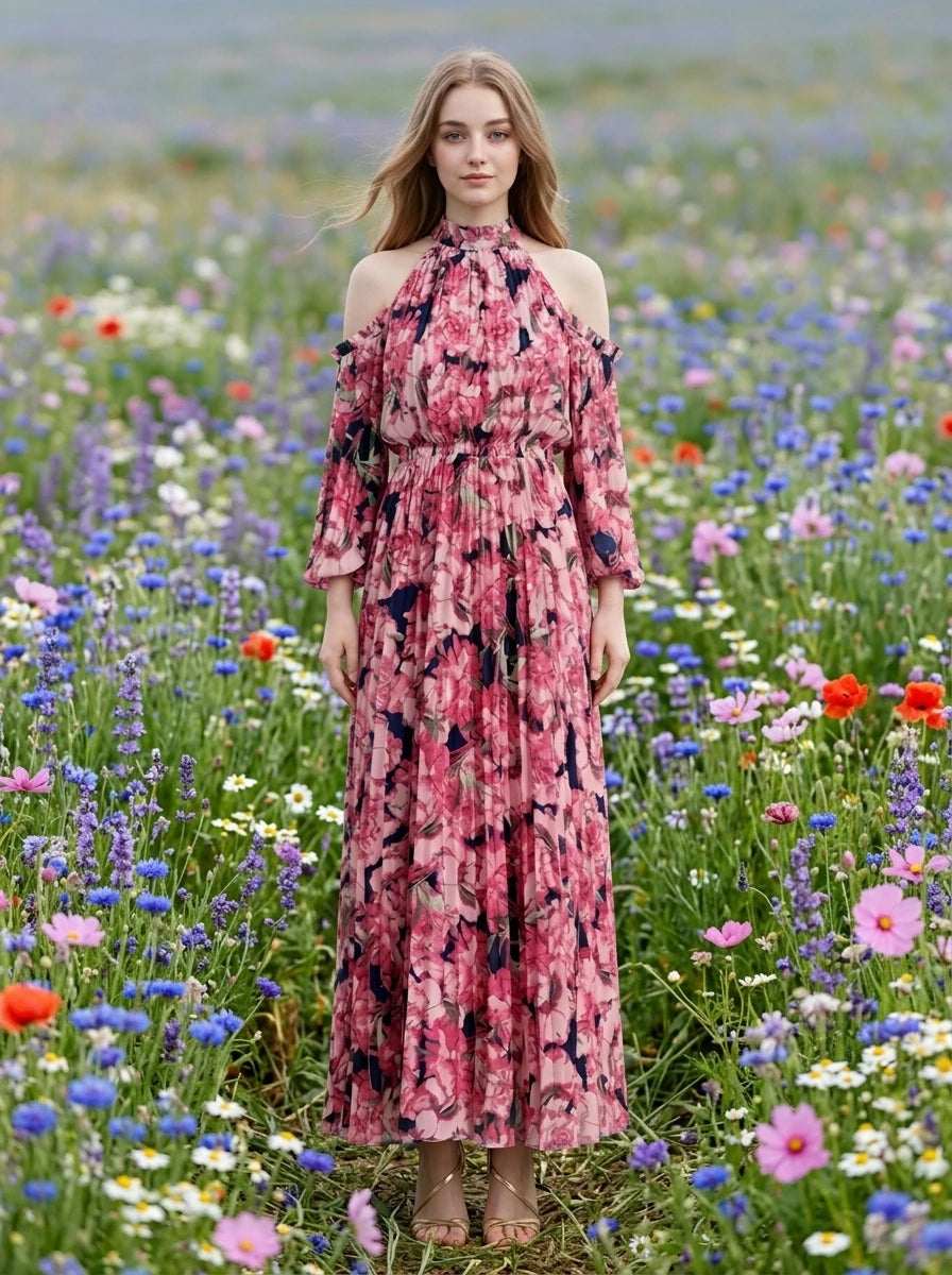 Pink Floral Pleated Off-Shoulder Maxi Dress