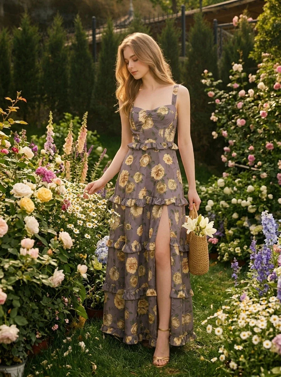 Charcoal Purple Rose Tiered Lace-Up Maxi Dress