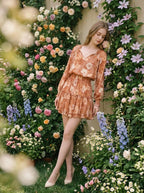 Rust Floral V-Neck Ruffle Long Sleeve Mini Dress