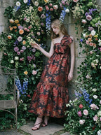 Red Floral Gold Metallic One Shoulder Maxi Dress