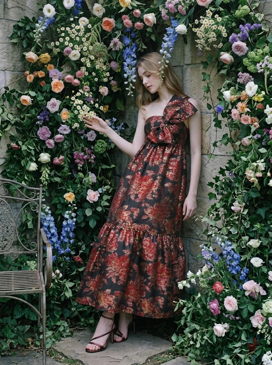 Red Floral Gold Metallic One Shoulder Maxi Dress