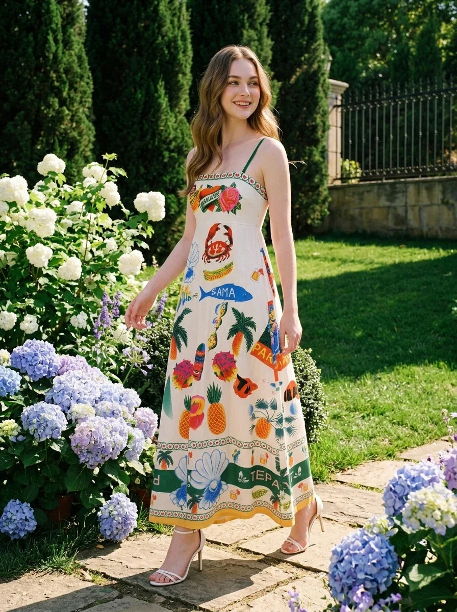 Tropical Paradise Print Smocked Maxi Dress