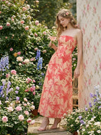 Strapless Floral Maxi Dress in Peach and Coral