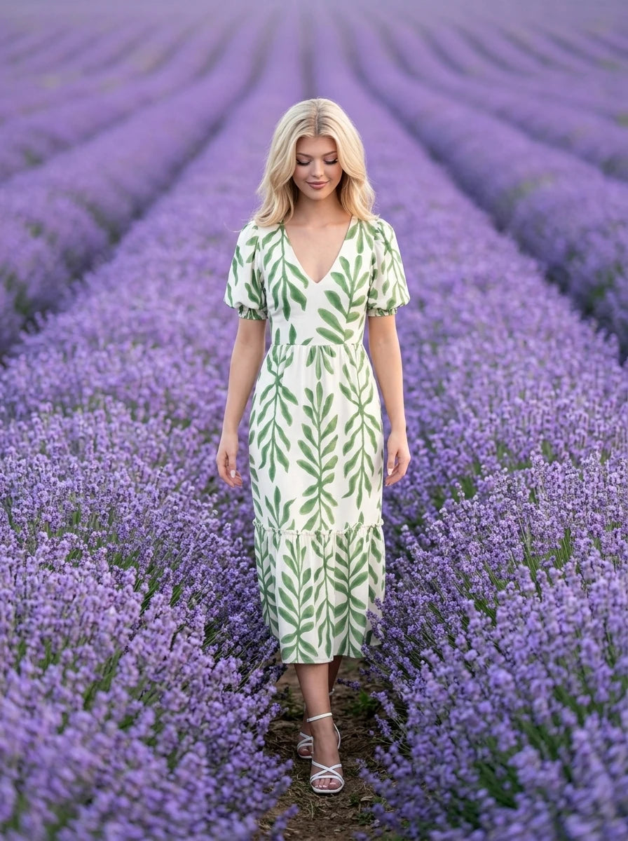 Green Palm Print Puff Sleeve Midi Dress