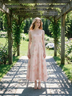 Floral Square Neck Jacquard Midi Dress - Pink