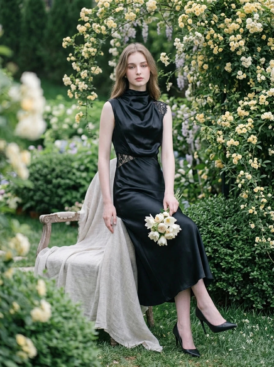 Black Lace Detail Asymmetric Maxi Dress