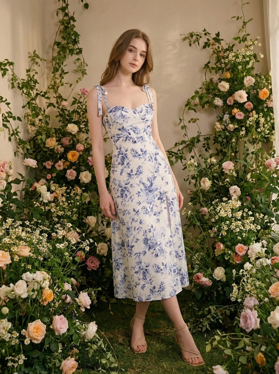 Blue Floral Tie-Strap Midi Dress with Split