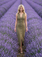 Ribbed Knit Button Front Maxi Dress - Olive