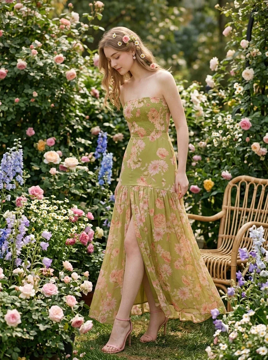 Green Floral Strapless Maxi Dress with Split
