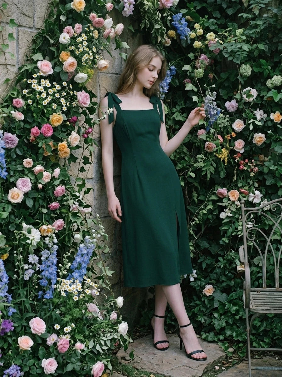 Forest Green Tie Strap Front Split Midi Dress