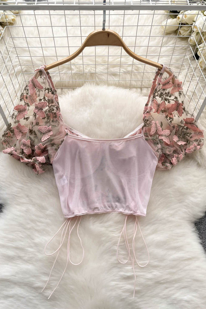 Mesh Patchwork Blouses For Drawstring See Through Shirt Tops Print Woman Top Secondary image