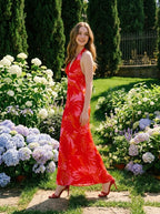 Red Tropical Palm Print Halter Maxi Dress