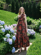 Red Floral Gold Metallic One Shoulder Maxi Dress