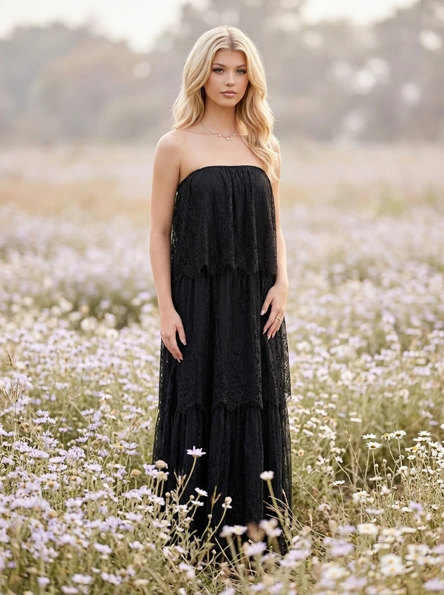 Black Strapless Tiered Floral Lace Maxi Dress