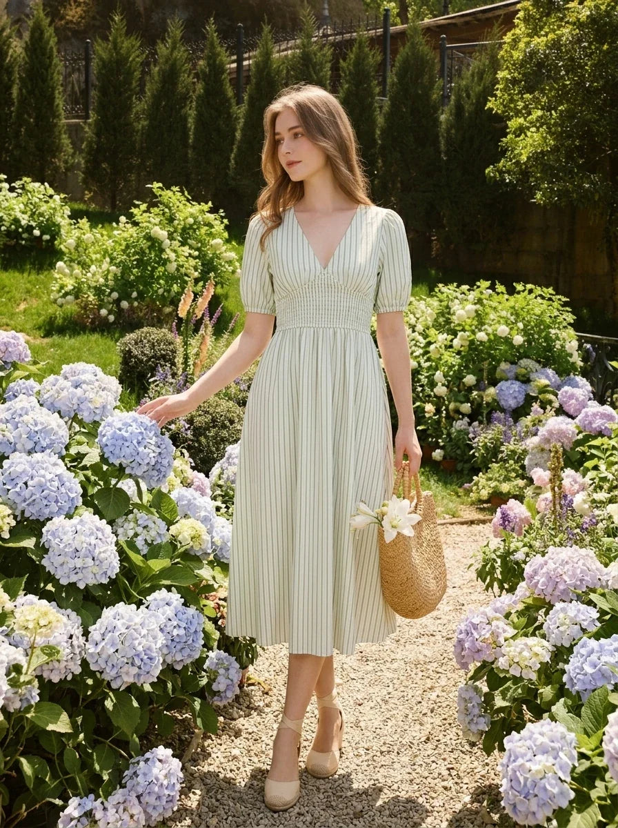 Blue-Green Striped V-Neck Shirred Midi Dress