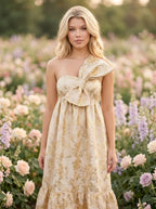 Gold Floral Metallic One Shoulder Maxi Dress