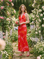 Red Tropical Palm Print Halter Maxi Dress
