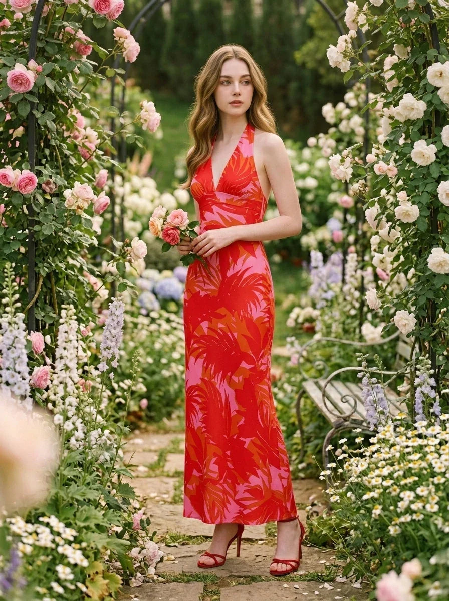 Red Tropical Palm Print Halter Maxi Dress