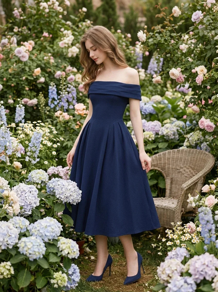 Navy Off-the-Shoulder Pleated Midi Cocktail Dress