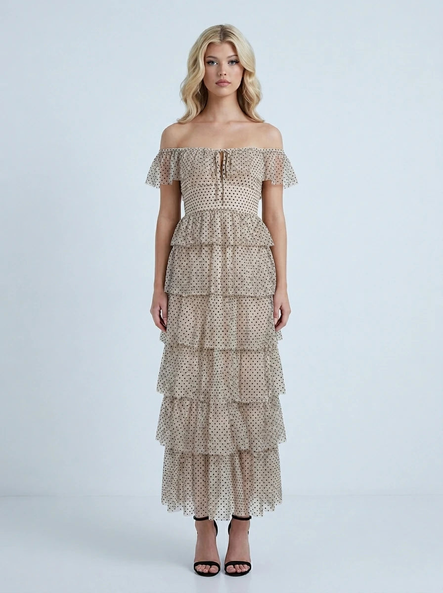 Polka Dot Tiered Ruffle Maxi Dress - Beige Main image