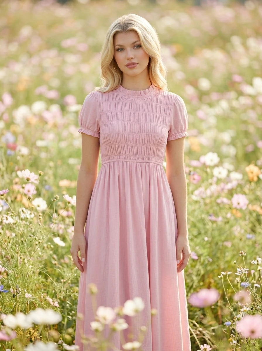 Smocked Linen Blend Short Sleeve Maxi Dress - Pink