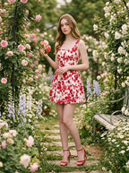 Red Floral Square Neck Skater Mini Dress