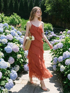 Rust Tiered Ruffle V-Neck Maxi Dress