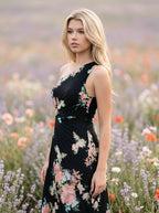 Black Floral One Shoulder Pleated Maxi Dress