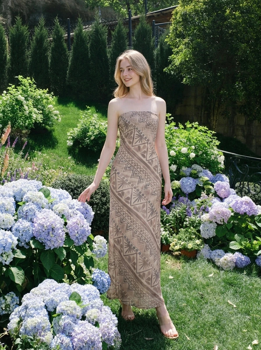 Tan Geometric Print Strapless Mesh Midi Dress