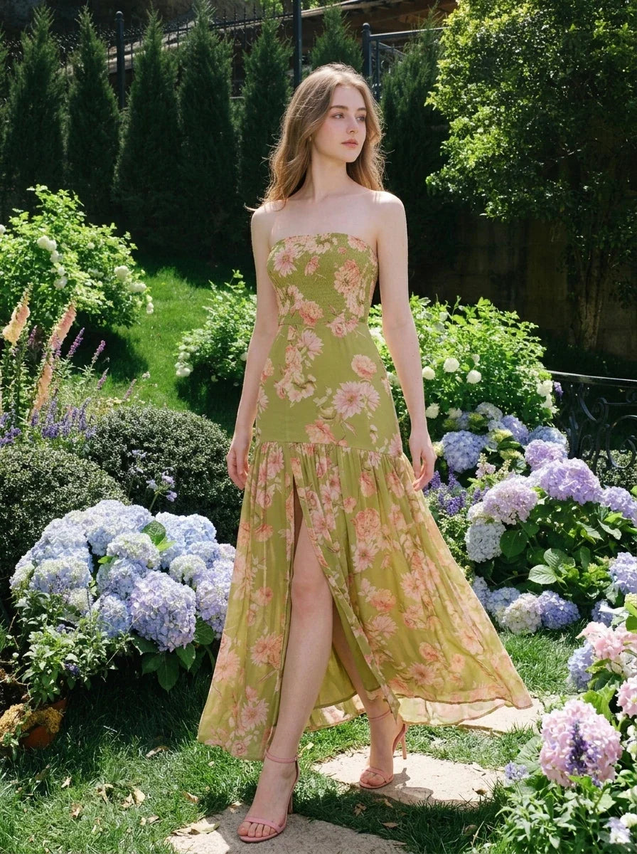 Green Floral Strapless Maxi Dress with Split