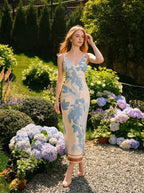 Floral V-Neck Maxi Dress in Cream and Blue