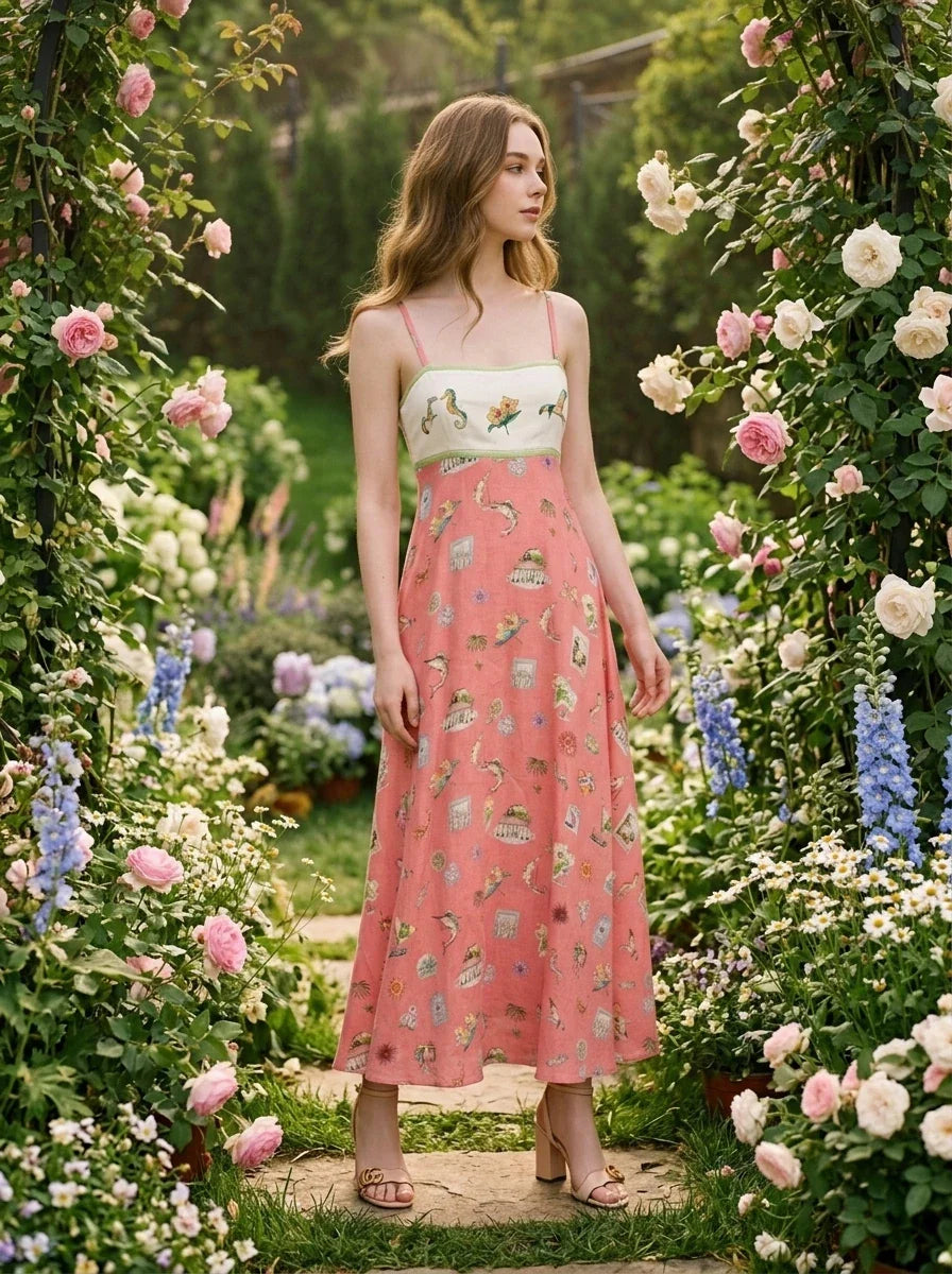 Pink Eclectic Print Spaghetti Strap Maxi Dress