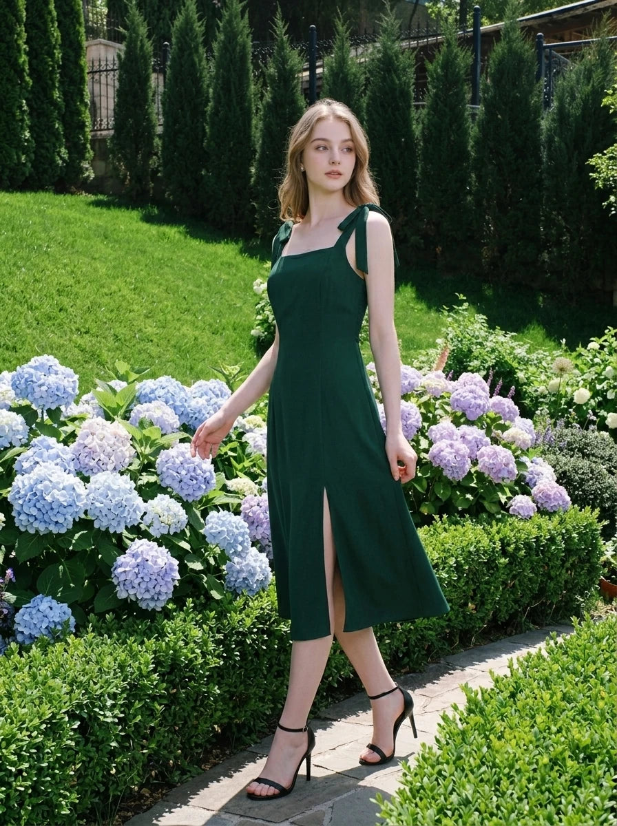 Forest Green Tie Strap Front Split Midi Dress